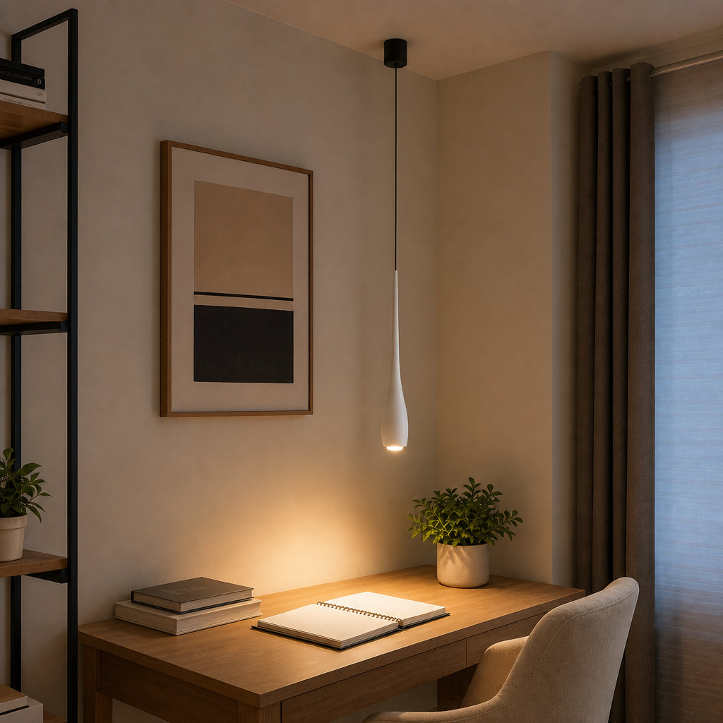 Pendente LED Touch Retrátil Slim branco em canto de leitura ou estudos