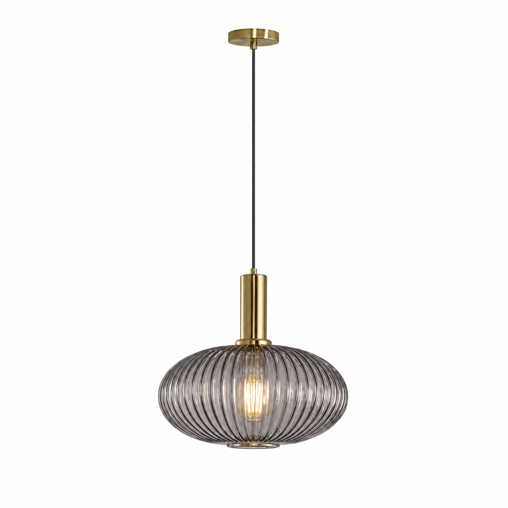 Pendente Vidro Colors 30cm Gold Cinza aceso com cabo e canopla dourados