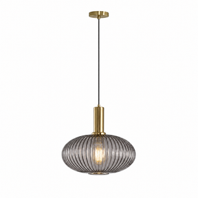 Pendente Vidro Colors 30cm Gold Cinza aceso com cabo e canopla dourados