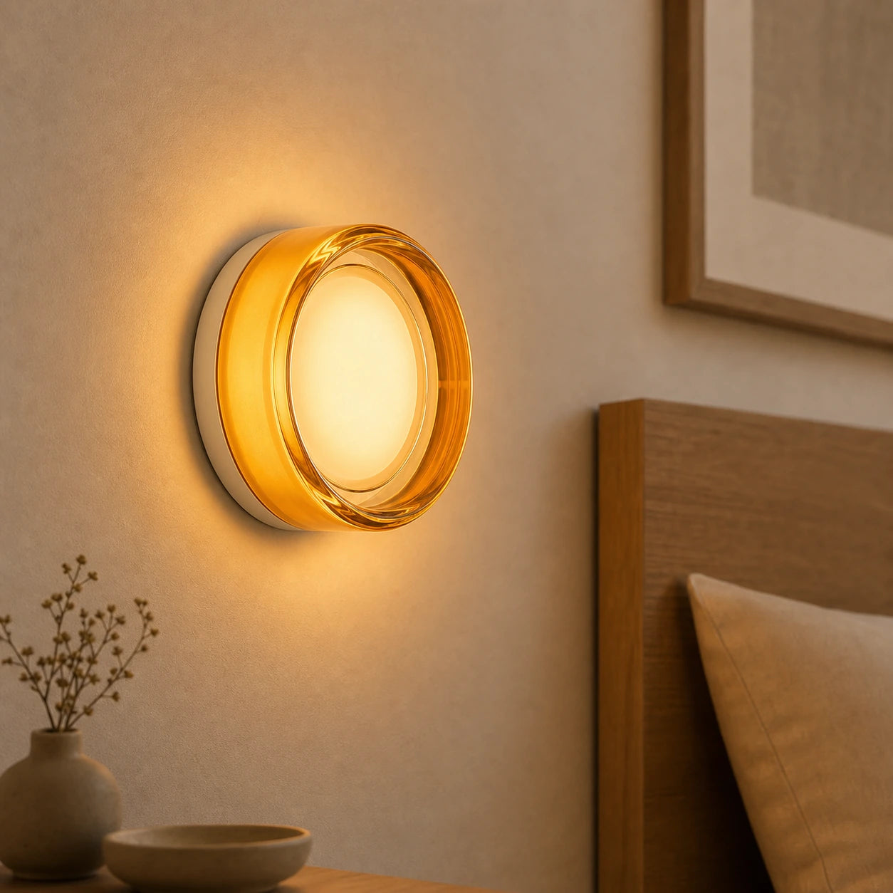 Luminária redonda Âmbar instalada em ambiente interno