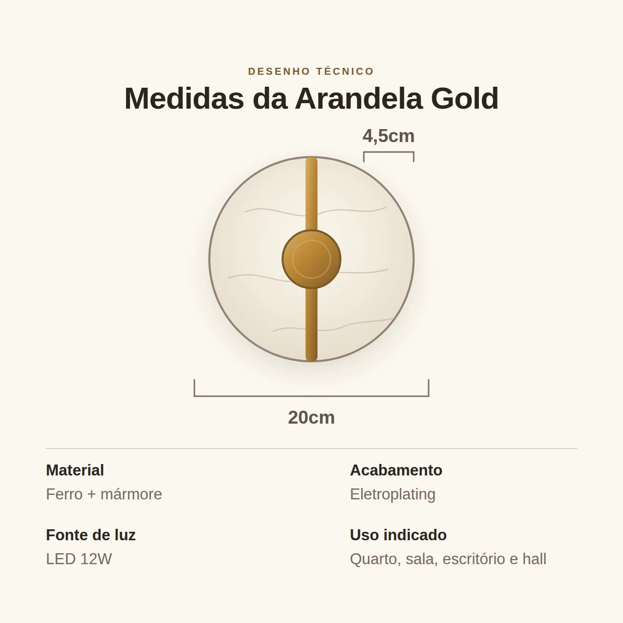 Arandela Gold 20cm Dourada - medidas técnicas