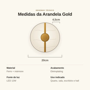 Arandela Gold 20cm Dourada - medidas técnicas