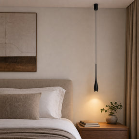 Pendente LED Touch Retrátil Slim preto instalado ao lado de cabeceira