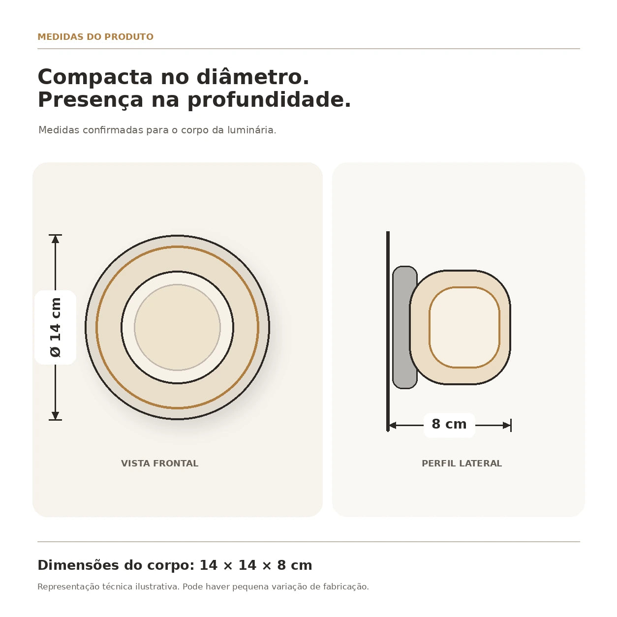 Desenho técnico da luminária: 14 cm de diâmetro e 8 cm de profundidade