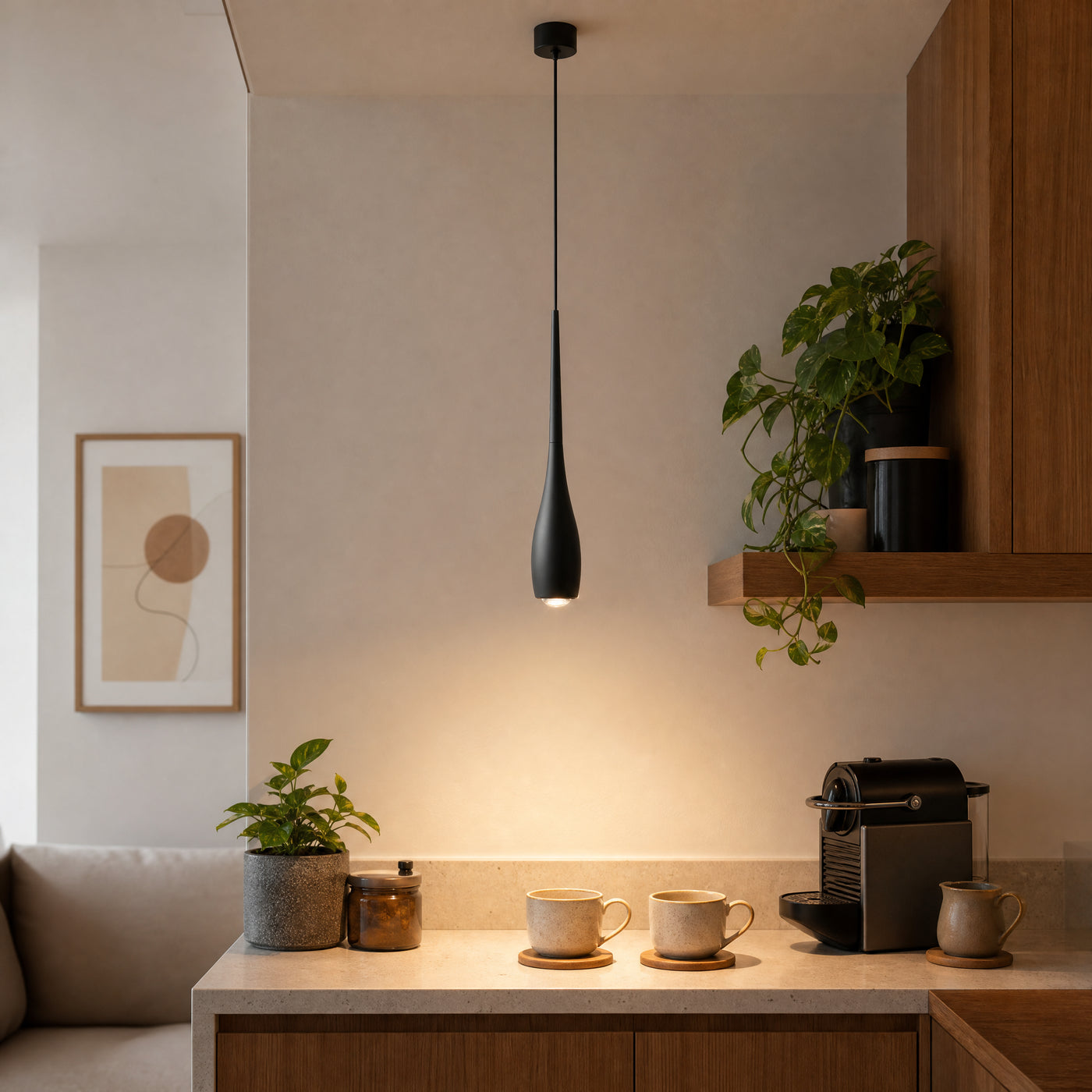 Pendente LED Touch Retrátil Slim preto sobre bancada compacta residencial