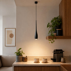 Pendente LED Touch Retrátil Slim preto sobre bancada compacta residencial