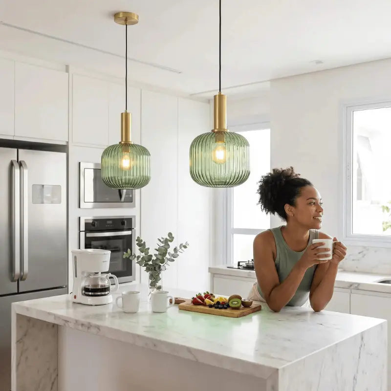 Luminária Pendente Vidro Colorido 20cm Dourado Sala de Jantar Cozinha Âmbar Verde Bivolt