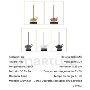 Luminária de Mesa Portátil Recarregável sem Fio Candela