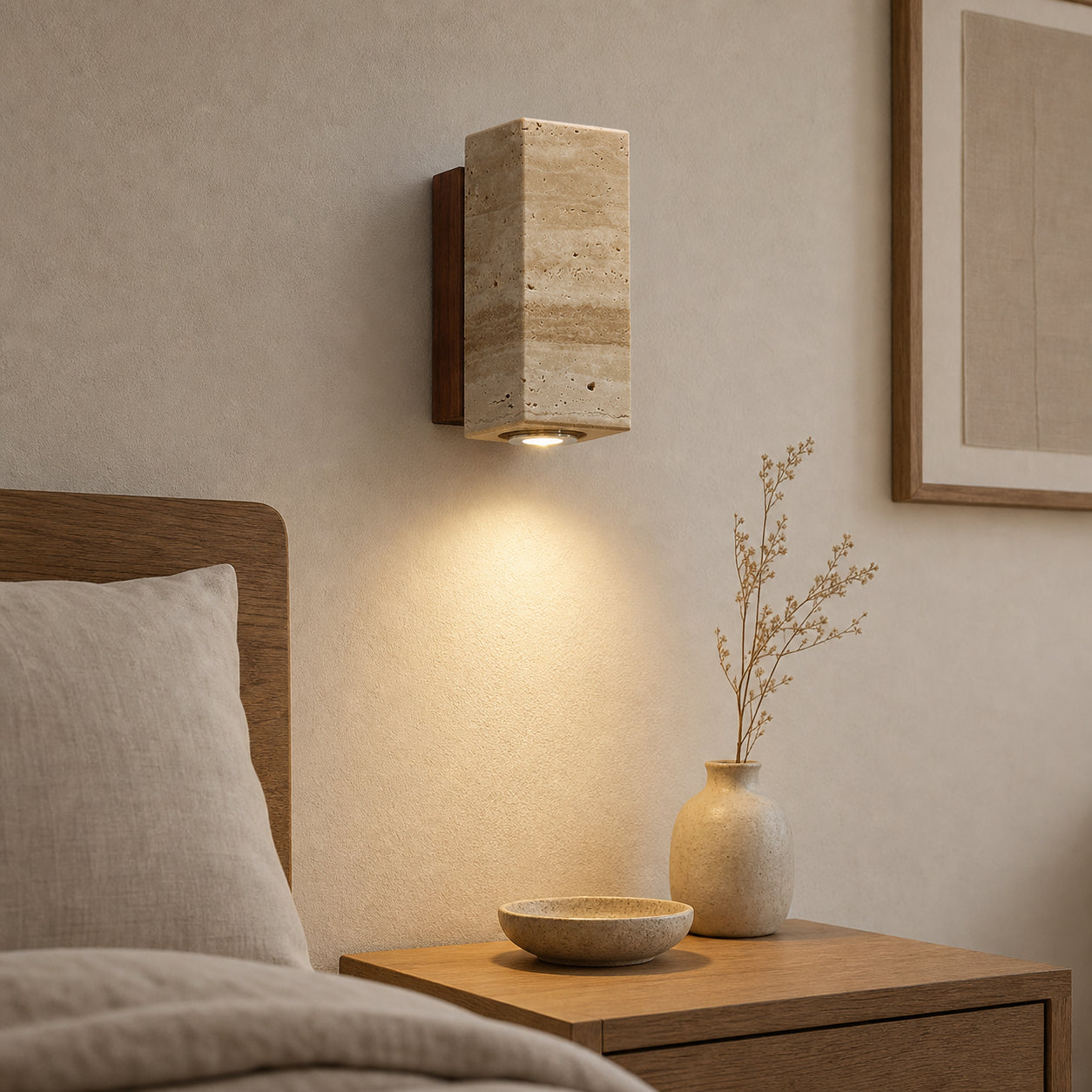 Arandela travertino retangular instalada em quarto com luz decorativa