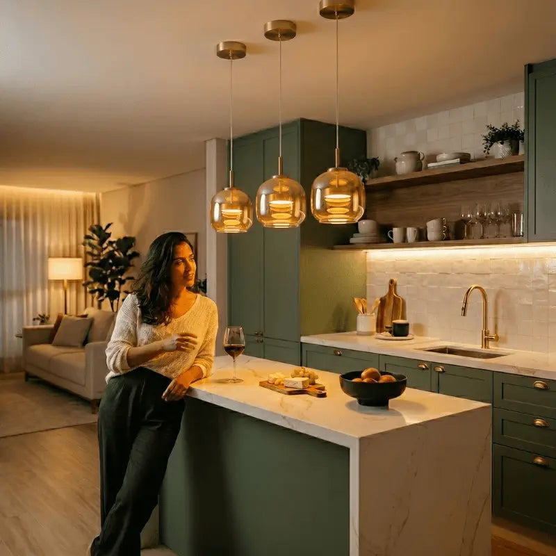 Kit 2 luminárias pendentes vidro âmbar sobre bancada de mármore em cozinha integrada com armários verdes — SmartLuz