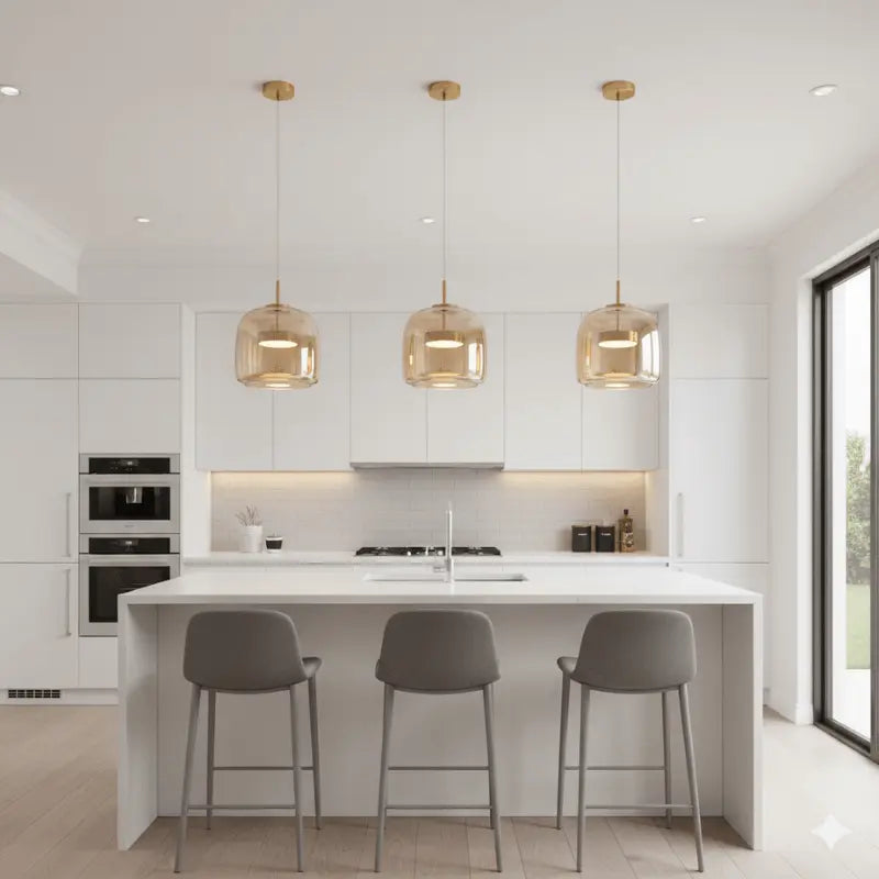 Kit 3 luminárias pendentes vidro âmbar dourado sobre ilha de cozinha minimalista branca com banquetas cinza — SmartLuz