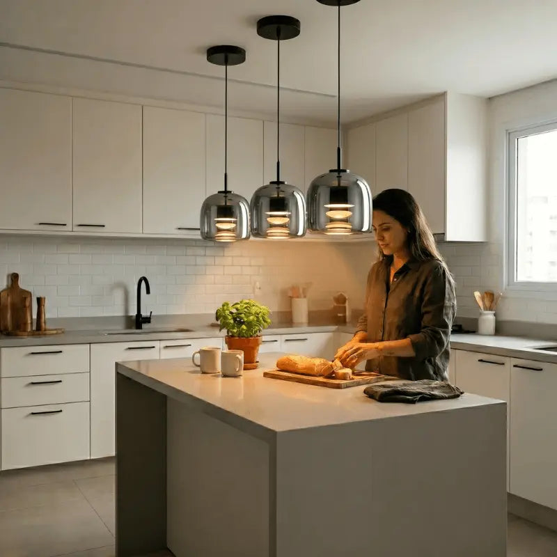 Kit 3 luminárias pendentes vidro cinza fumê sobre ilha de cozinha branca moderna com mulher cozinhando — SmartLuz