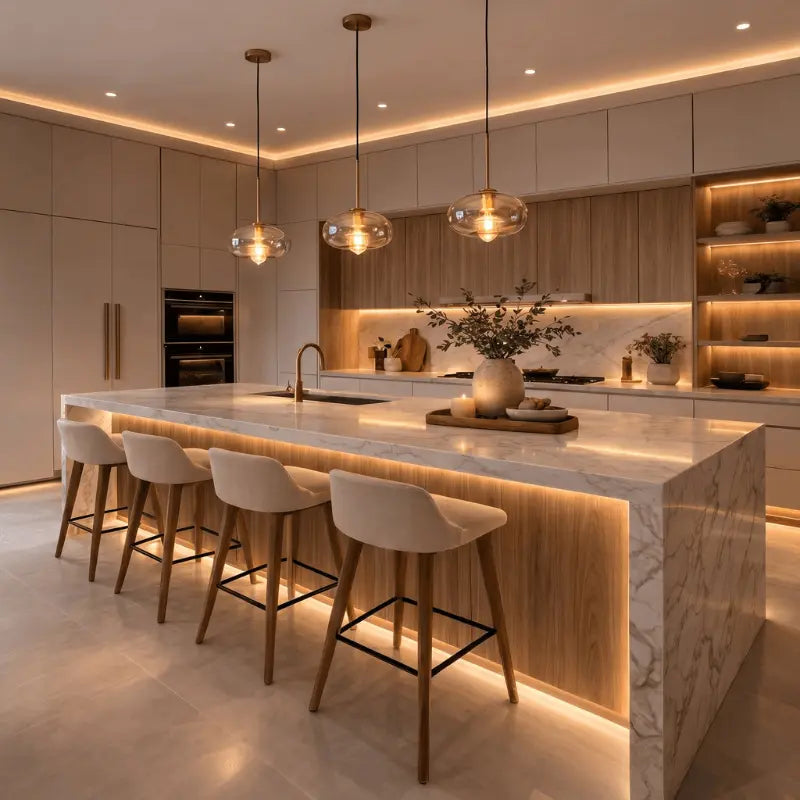 Pendentes globo vidro âmbar com lâmpada filamento iluminando bancada de cozinha moderna com LED quente 2200K
