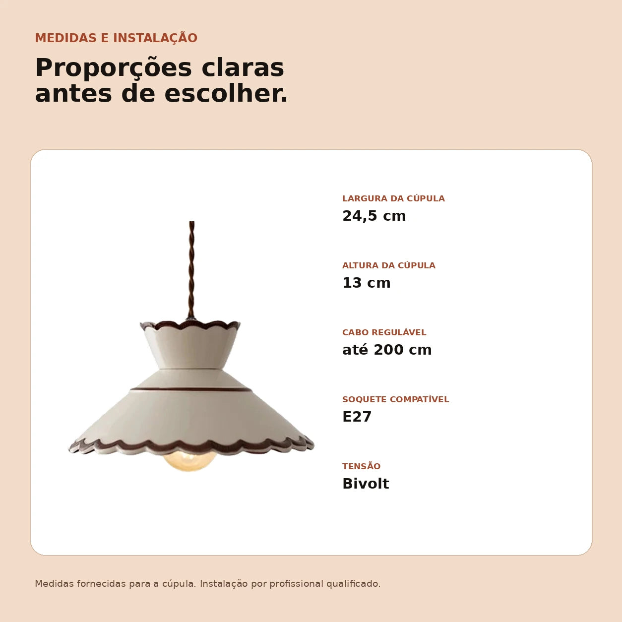 Ficha técnica da luminária pendente de cerâmica 24,5 por 13 centímetros