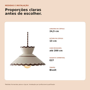 Ficha técnica da luminária pendente de cerâmica 24,5 por 13 centímetros