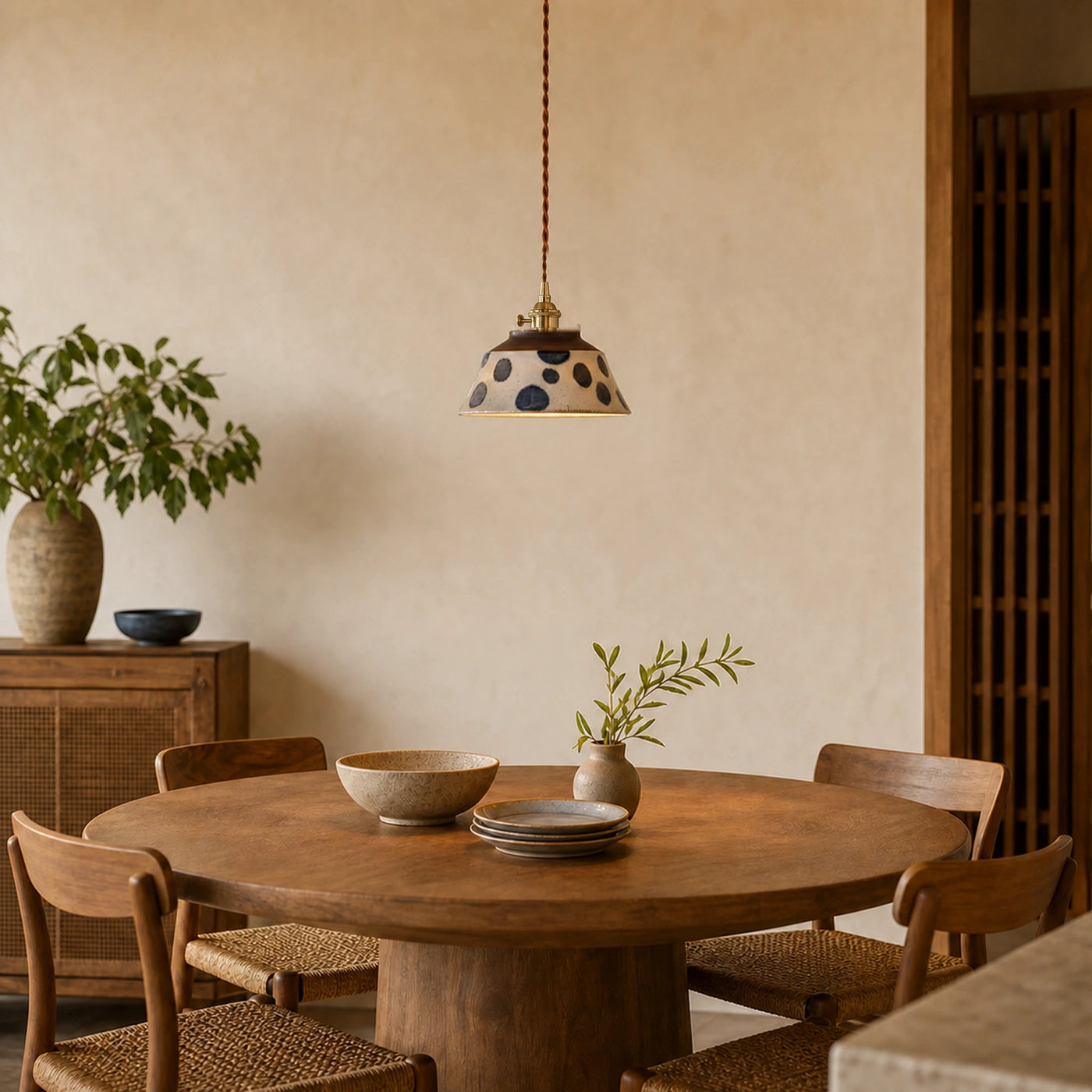 Luminária pendente Círculos Índigo instalada sobre mesa de jantar