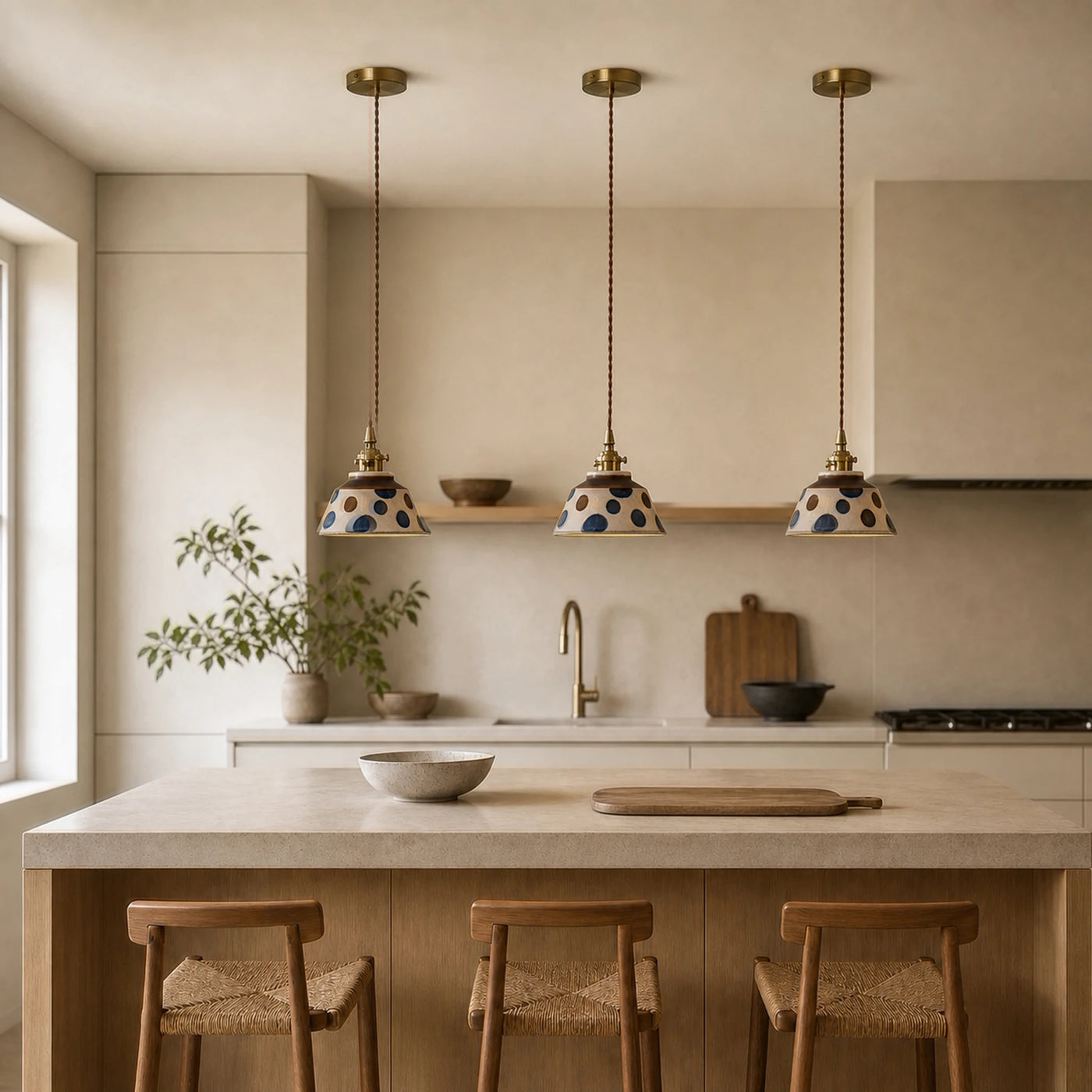 Composição com três luminárias pendentes Círculos Índigo sobre bancada de cozinha