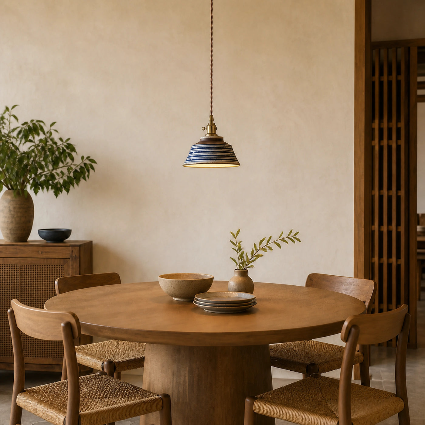 Luminária pendente Listras Índigo instalada sobre mesa de jantar