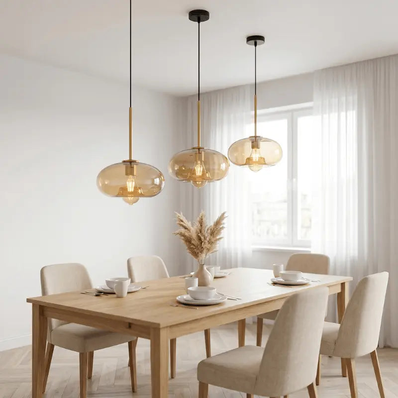 Três pendentes globo âmbar estilo industrial sobre mesa de jantar de madeira em ambiente minimalista com luz natural