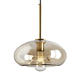 Luminária pendente globo vidro âmbar 30cm com haste e encaixe dourado — fundo branco, vista frontal do produto