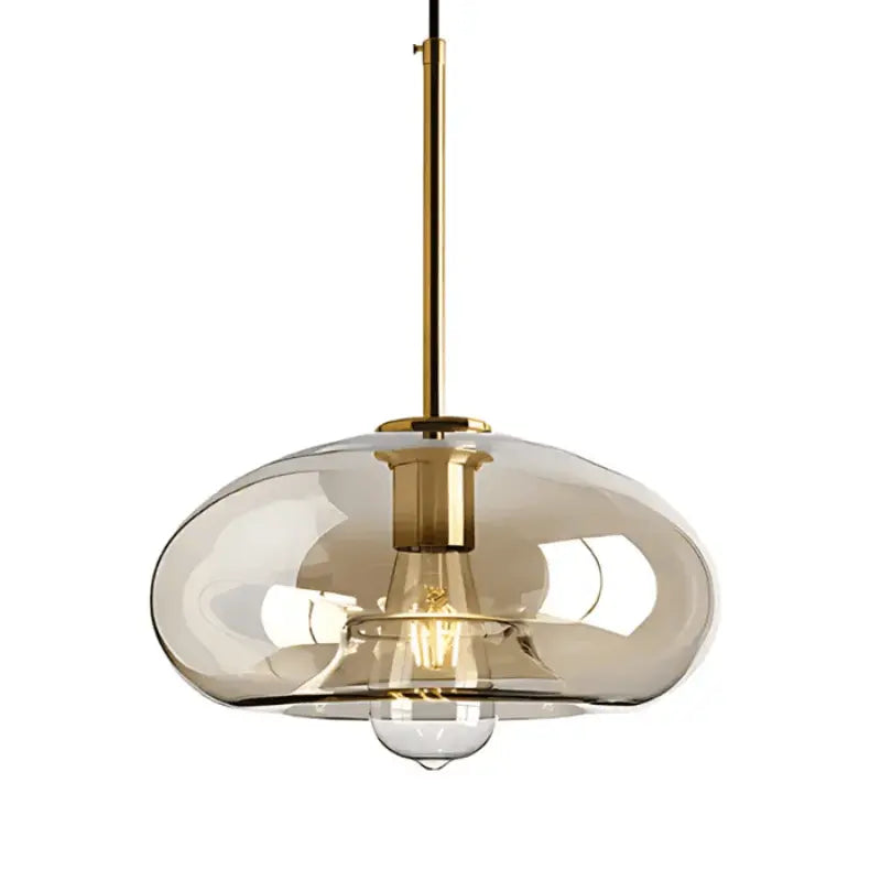 Luminária pendente globo vidro âmbar 30cm com haste e encaixe dourado — fundo branco, vista frontal do produto