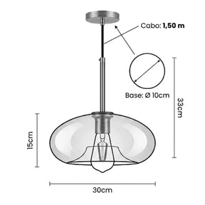 Diagrama técnico luminária pendente globo vidro âmbar 30cm: altura 33cm, diâmetro 30cm, cabo 1,50m, base Ø10cm