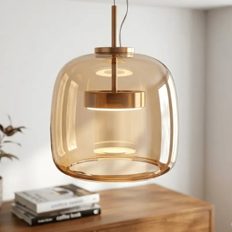 Detalhe interno da luminária pendente vidro âmbar com anéis LED e acabamento dourado cobre — SmartLuz