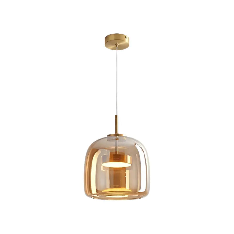 Luminária pendente vidro âmbar LED integrado com acabamento dourado — SmartLuz