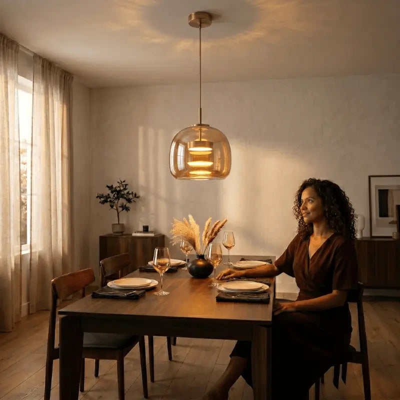   Luminária pendente vidro âmbar LED acesa sobre mesa de jantar de madeira com taças de vinho — SmartLuz                                                                         