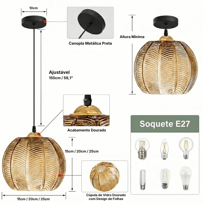 Infográfico técnico da luminária pendente âmbar: cabo ajustável 150cm, soquete E27, diâmetros 15, 20 e 25cm, acabamento dourado – SmartLuz 
