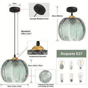 Infográfico técnico da luminária pendente: cabo ajustável 150cm, soquete E27, diâmetros 15, 20 e 25cm, acabamento dourado – SmartLuz