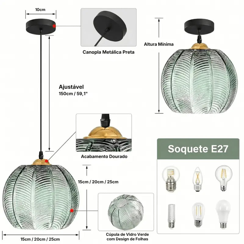 Infográfico técnico da luminária pendente: cabo ajustável 150cm, soquete E27, diâmetros 15, 20 e 25cm, acabamento dourado – SmartLuz