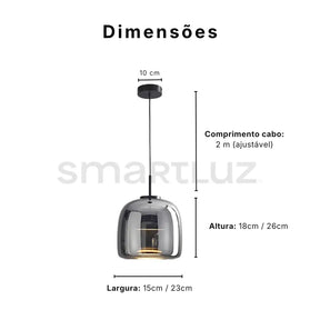Dimensões luminária pendente vidro cinza fumê: largura 15-23cm, altura 18-26cm, cabo ajustável 2m — SmartLuz