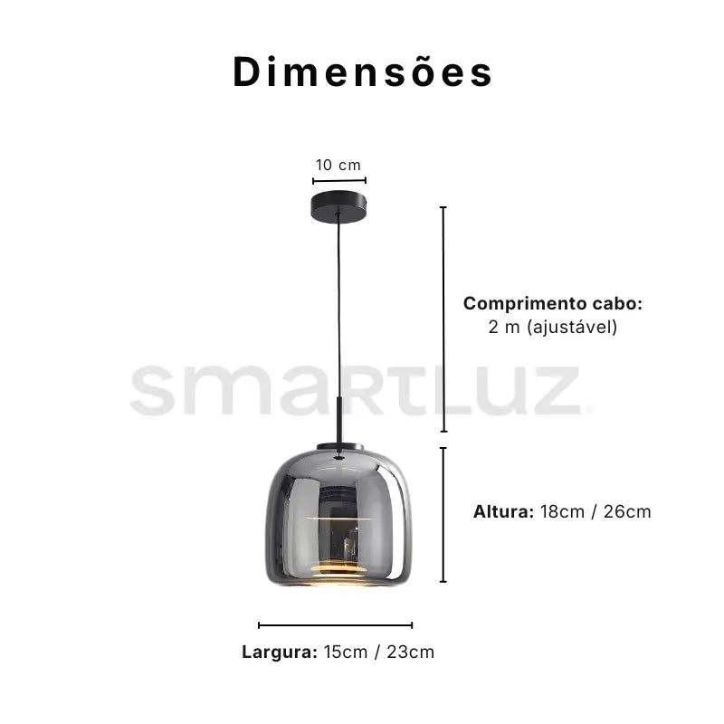 Dimensões luminária pendente vidro cinza fumê: largura 15-23cm, altura 18-26cm, cabo ajustável 2m — SmartLuz