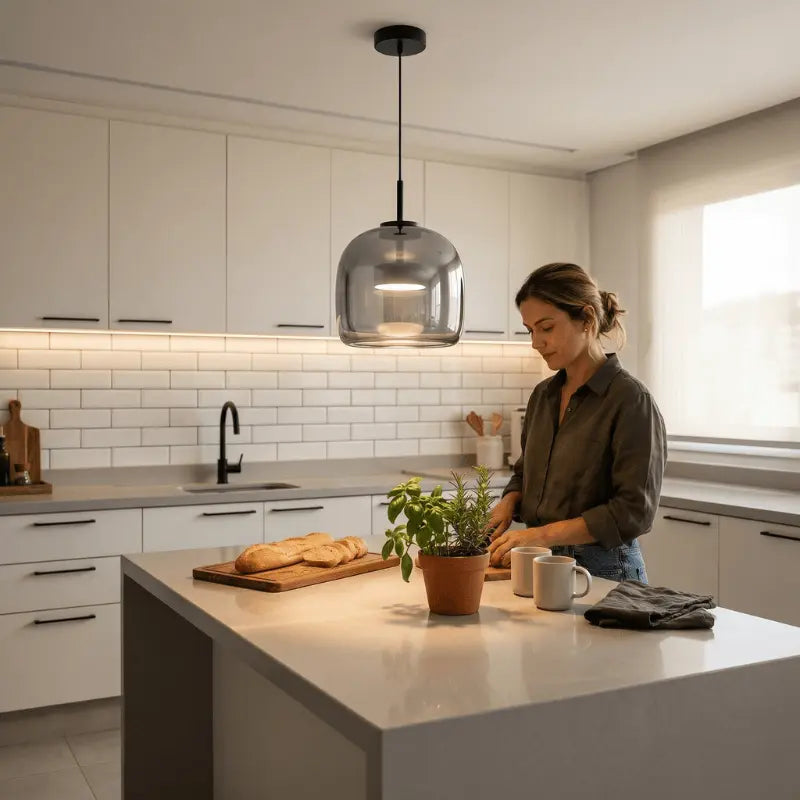 Luminária pendente vidro cinza fumê acesa sobre bancada de cozinha branca moderna — SmartLuz