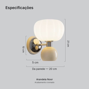 Arandela de parede nórdica abóbora — especificações e dimensões (10 cm base, 21 cm altura, 20 cm da parede, 5 cm corpo)