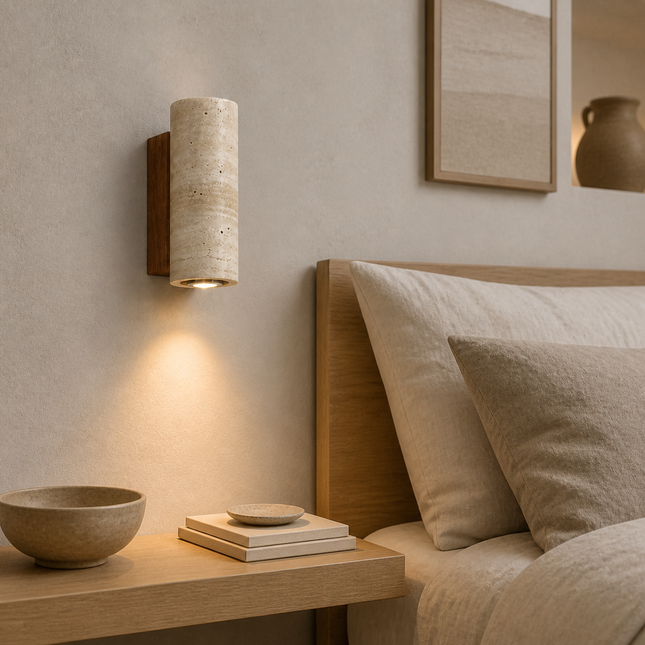 Arandela Travertino Cilíndrica 16 cm em suíte minimalista