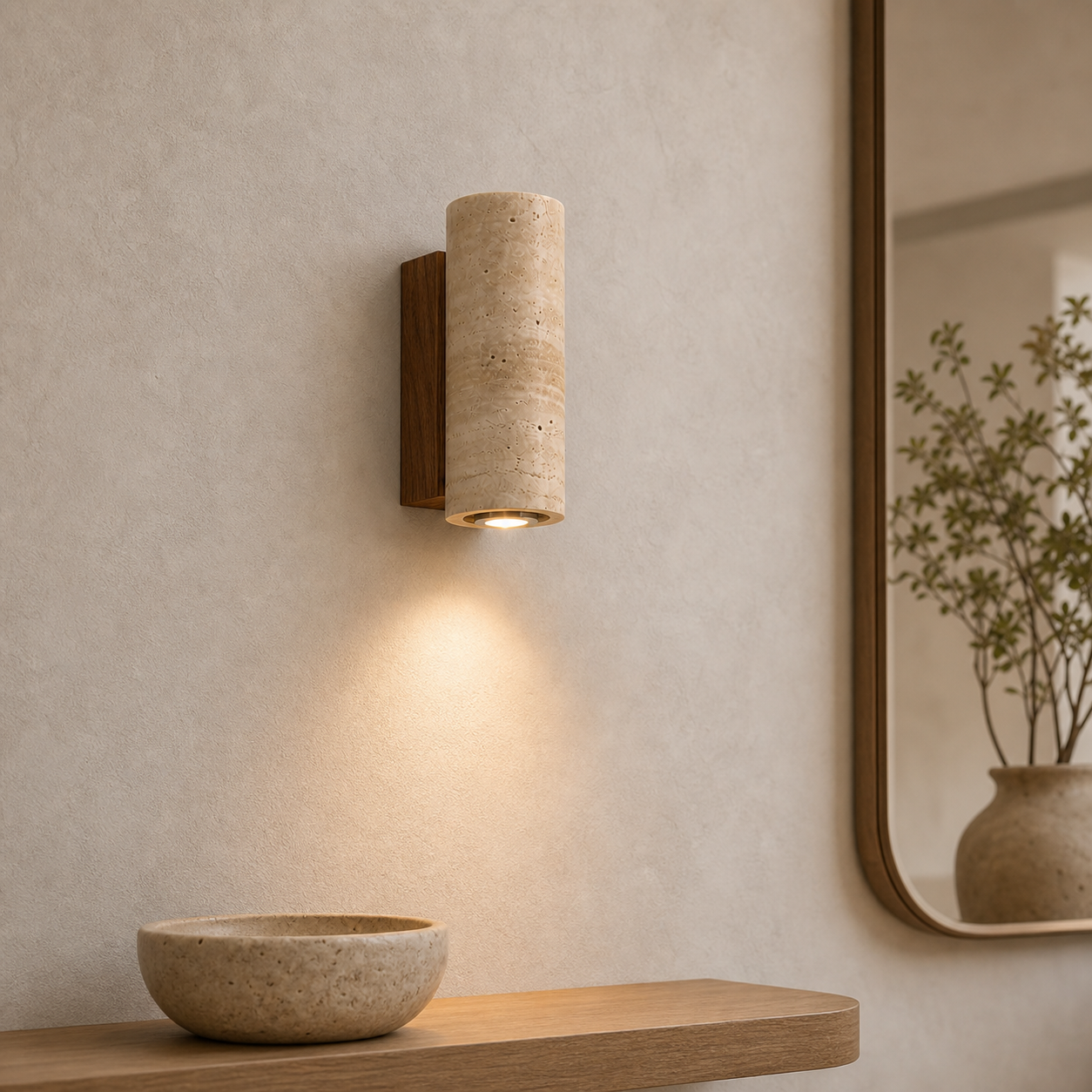 Arandela Travertino Cilíndrica 16 cm em hall ou lavabo seco