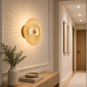 Arandela Vidro Colors âmbar instalada em corredor com luz radial