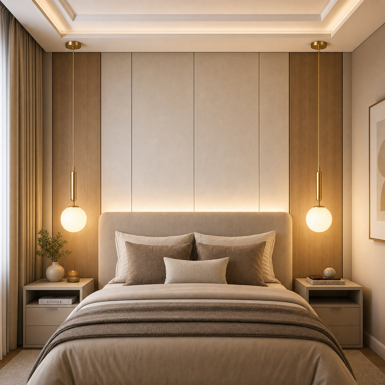 Par de pendentes Globo Átomo dourados ao lado da cama em quarto contemporâneo