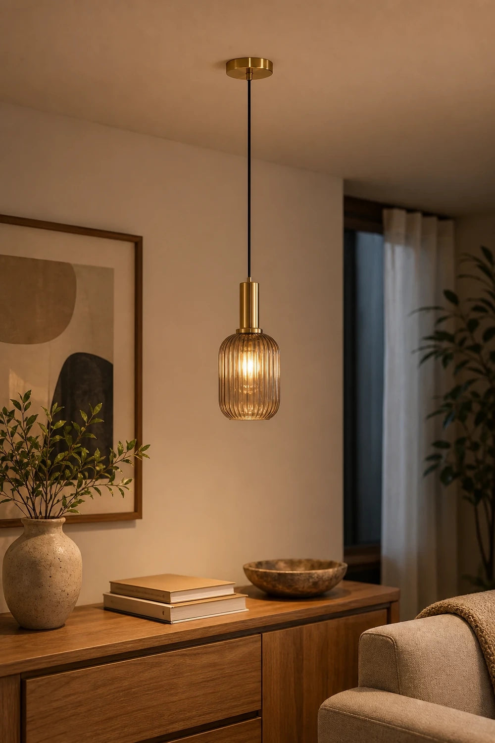 Pendente Vidro Colors 13 cm âmbar em canto decorativo — composição vertical