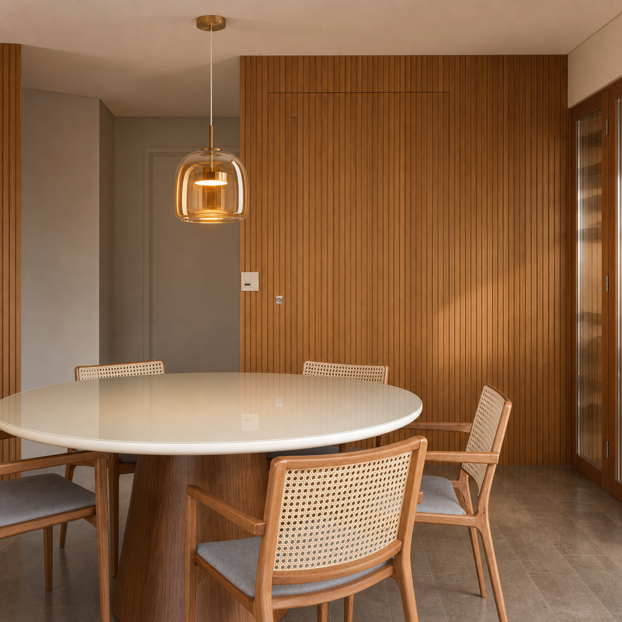 Pendente de vidro Duna âmbar com LED integrado em sala de jantar com madeira