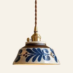 Luminária pendente de cerâmica estampada Folhagem Azul 18 cm em fundo off-white