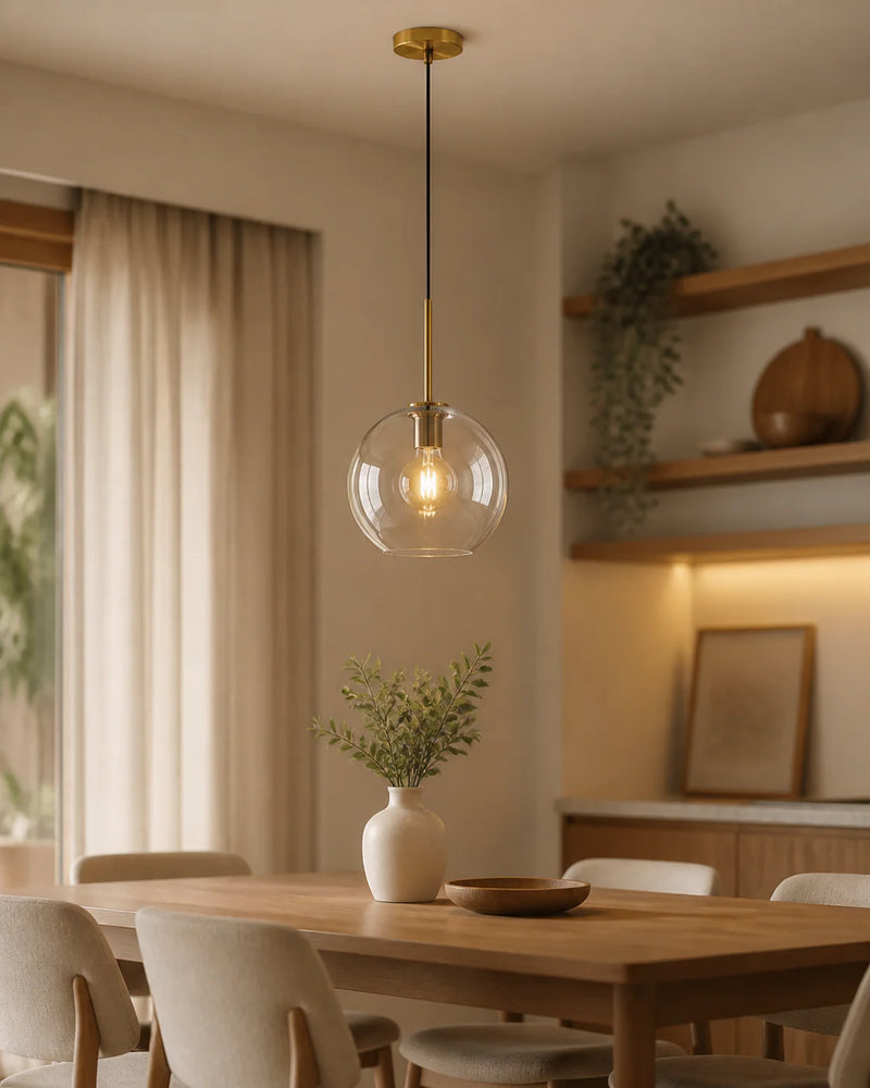 Pendente globo âmbar instalado sobre mesa de jantar em ambiente aconchegante